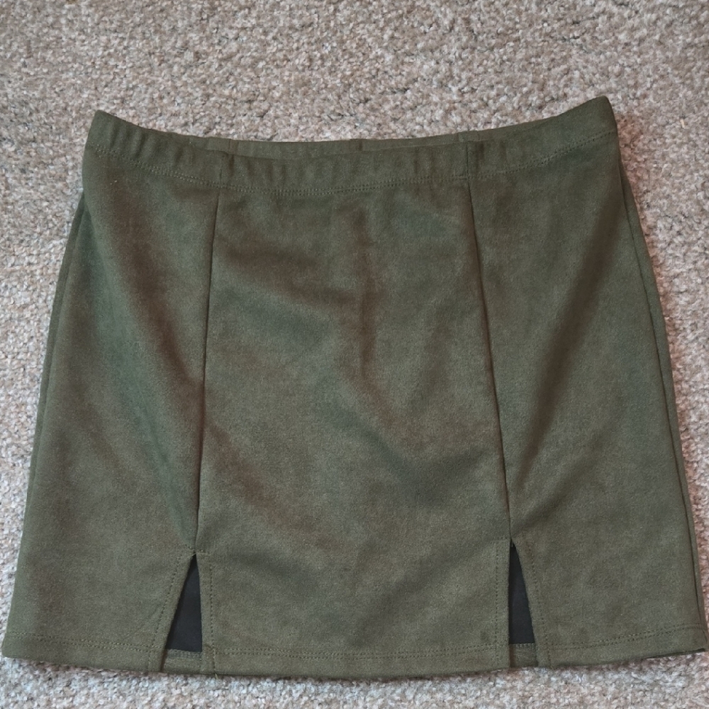 Rainbow Olive Green Mini Skirt with Front Slits